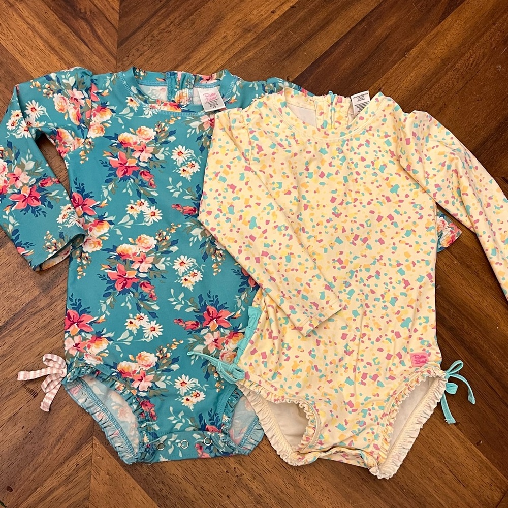 RuffleButts Girls UPF 50+ 2 Long Sleeve One Piece Swimsuits